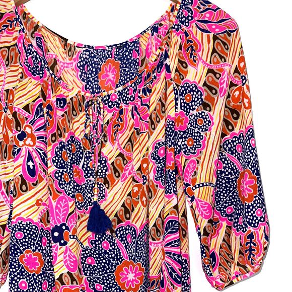 Trina Turk Silk Blend Colorful Abstract Floral 3/4 Sleeve Blouse Size Large - Picture 2 of 11